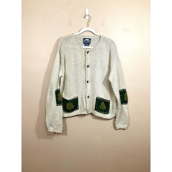 VTG Hand Knitted Embroidered Pine Tree Cardigan L Beige Holidays Granny Cottage - Picture 1 of 10
